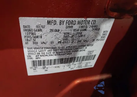 2007 Ford Edge Sel Plus z USA, uszkodzony, nr VIN 2FMDK39C97BA87265